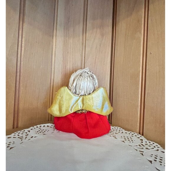 Vintage Angel Christmas Tree Ornament Handcrafted Red Gold Wings Rattan Hair - Picture 5 of 5